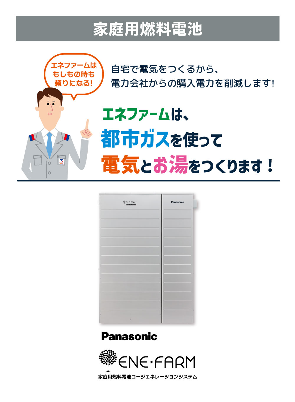 家庭用燃料電池エネファームは都市ガスを使って電気とお湯をつくります！