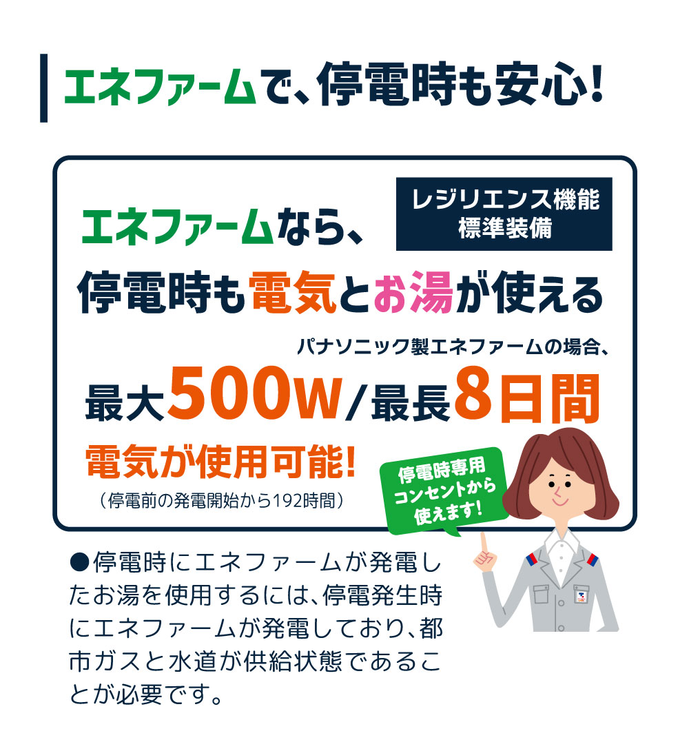 エネファームで、停電時も安心！レジリエンス機能標準装備 エネファームなら、停電時も電気とお湯が使えます